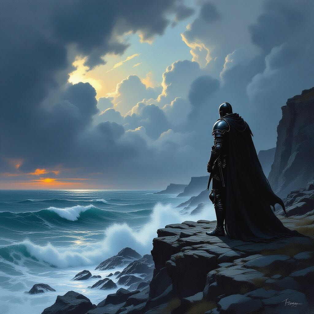 Dark Fantasy Knight on Stormy Cliff Overlooking Sea