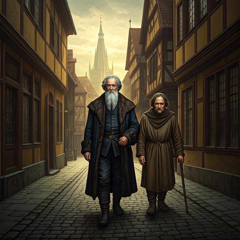 Faust in a Medieval German Cityscape, in the Style of Romant...