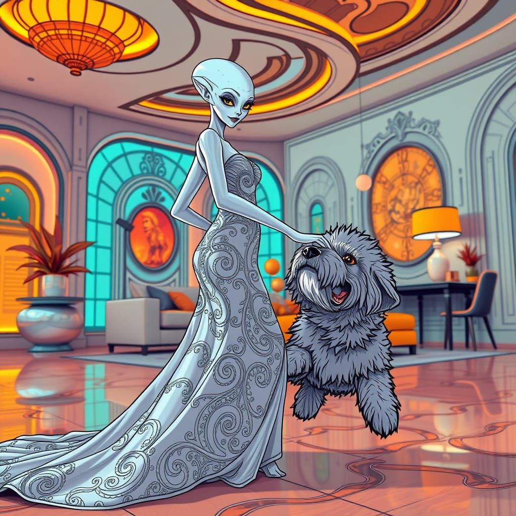 Alien Woman Plays with Her Canine Companion in a Futuristic ...