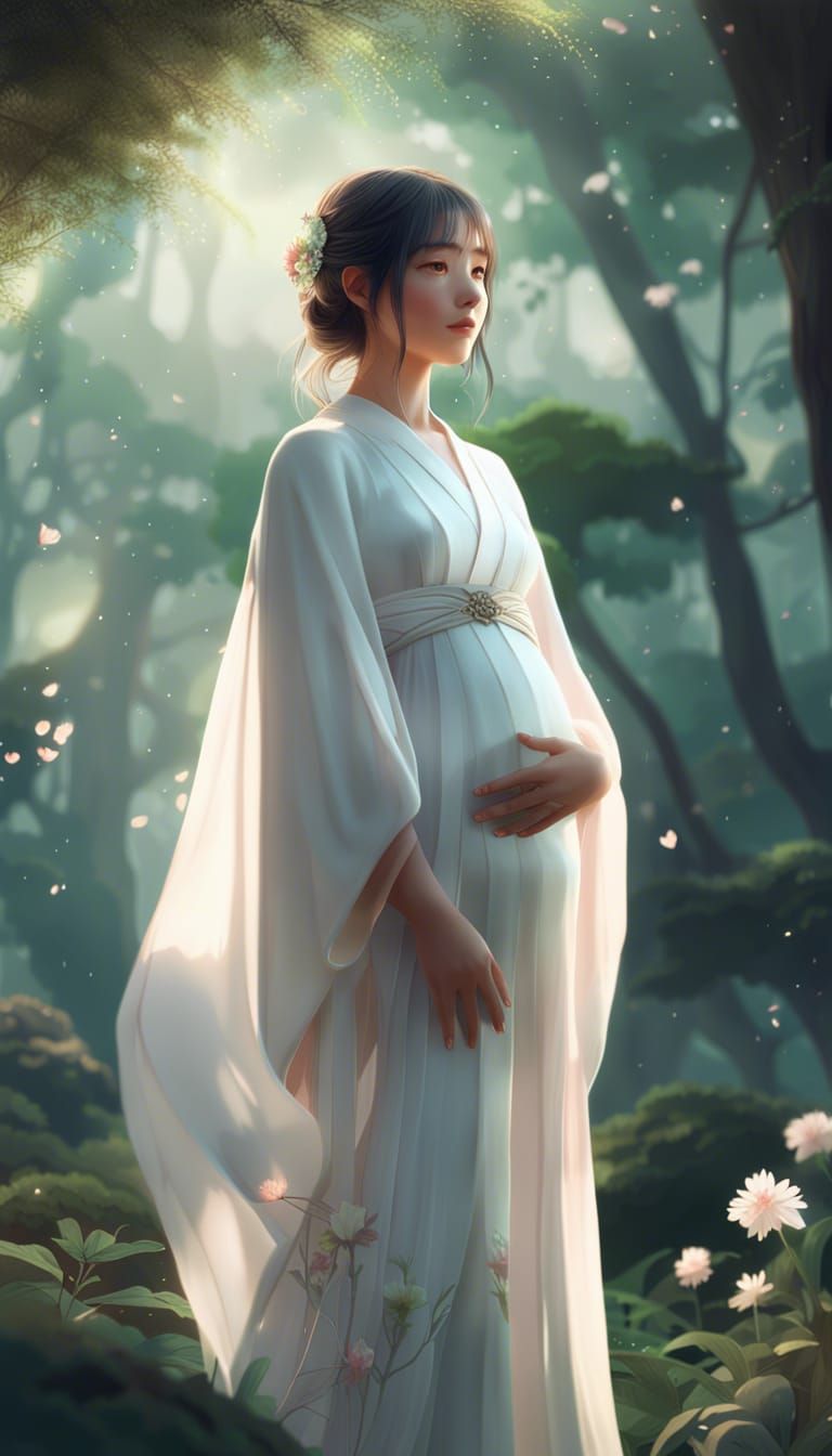 Pregnant Woman in Forest: Detailed 3D Anime Art