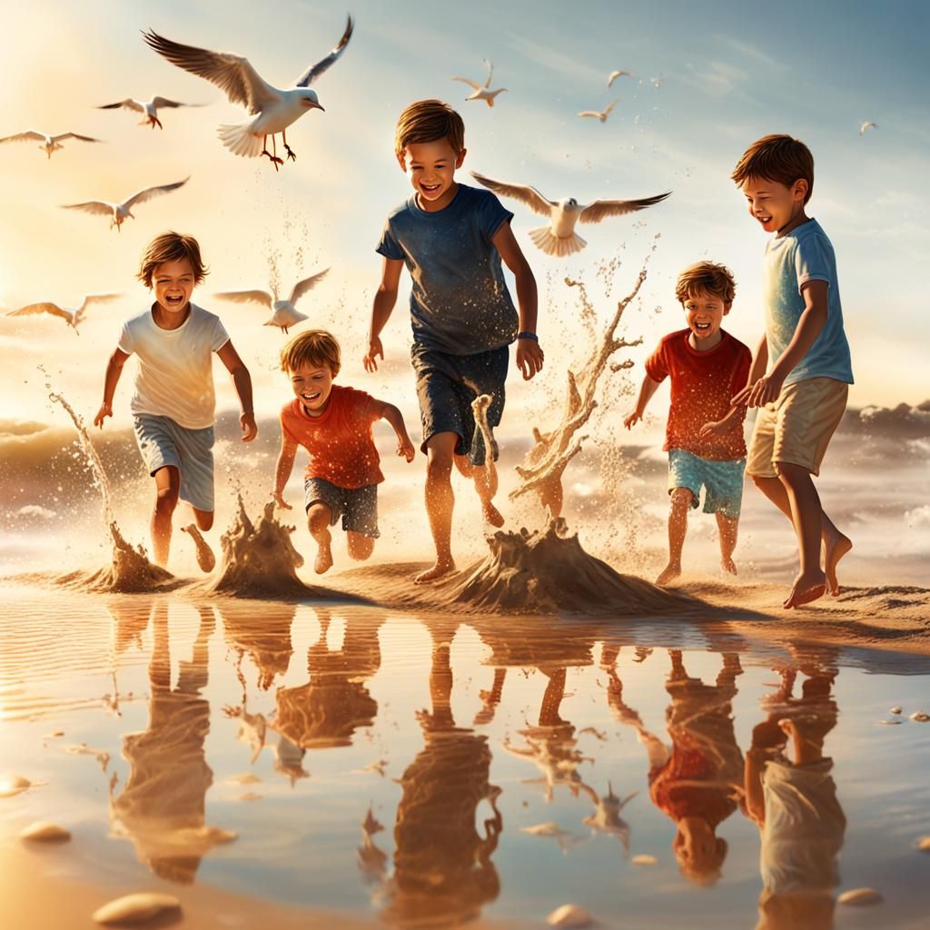 Families Enjoy Beach Day with Vibrant Colors and Reflections
