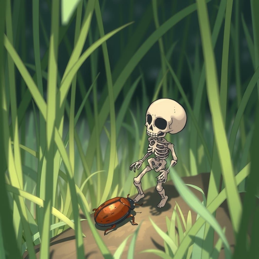 Manga-Inspired Skeleton in Verdant Landscape