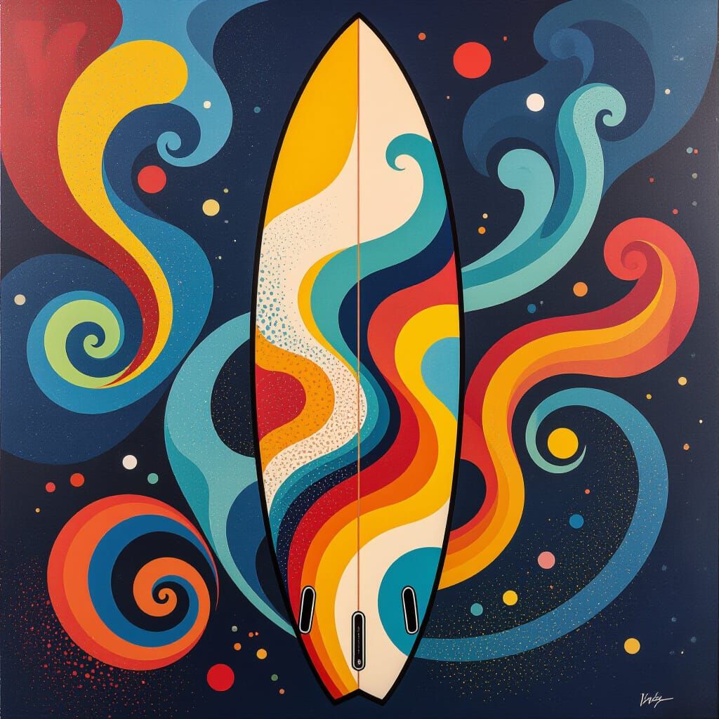 Abstract Swirling Surfboard Art in Complementary Colors