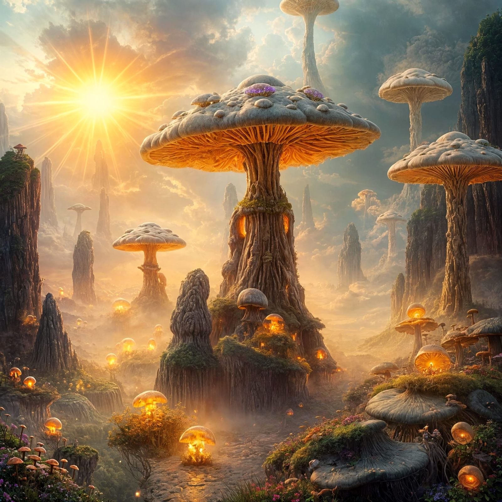 Ethereal Fantasy: Mushroom Clouds in Luminism Style