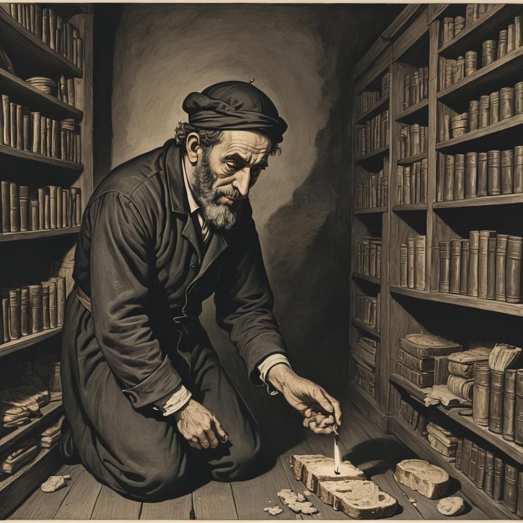 Person with Candle Searching Near Bookcase