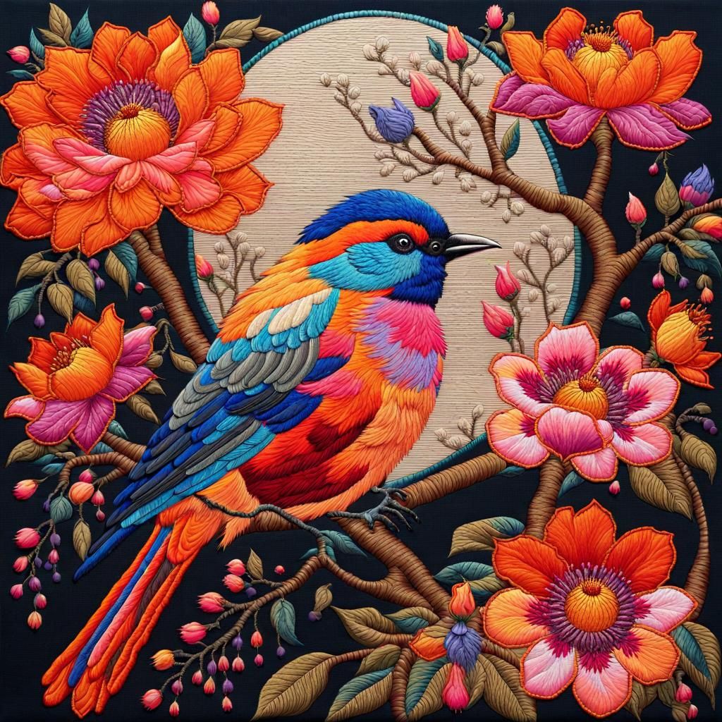 Art Deco Bird on Branch in Detailed Embroidery Style