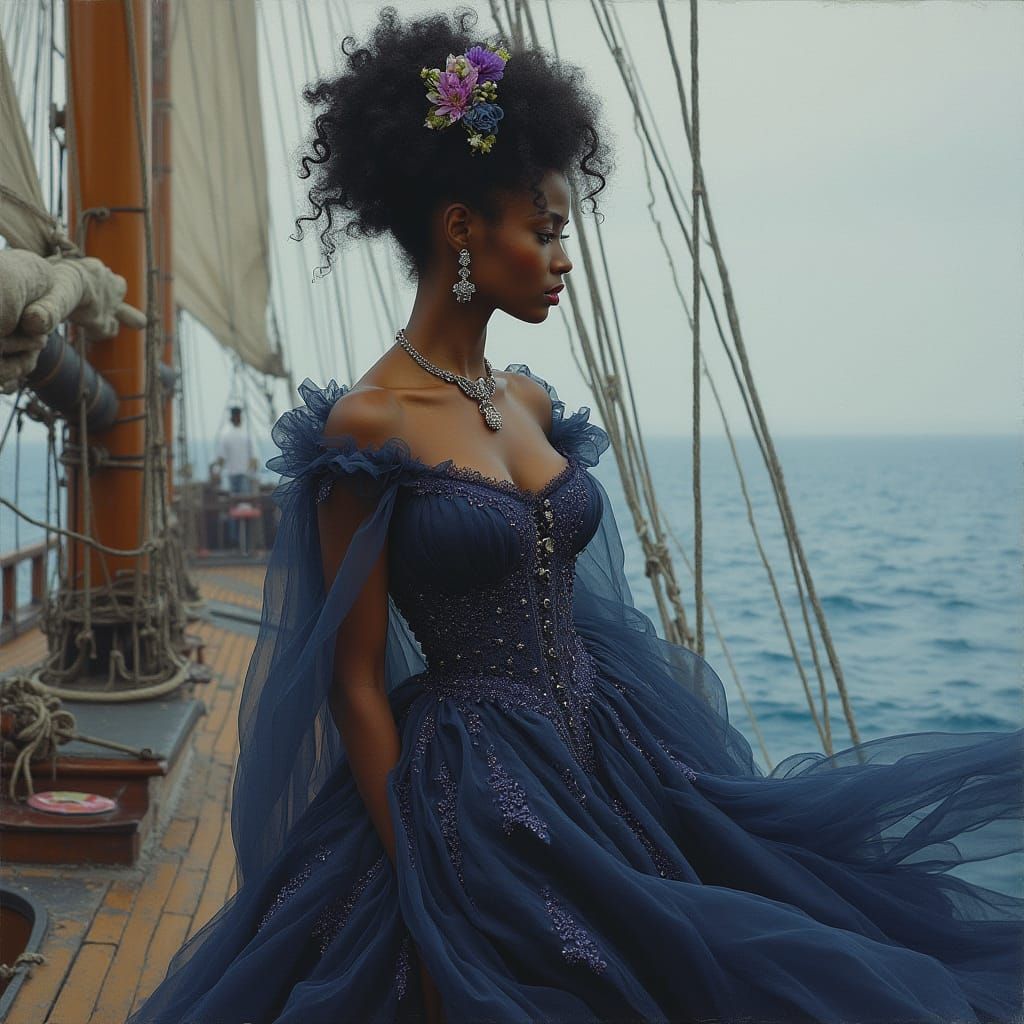 Romantic Black Woman on Sailship in Romanticism Style