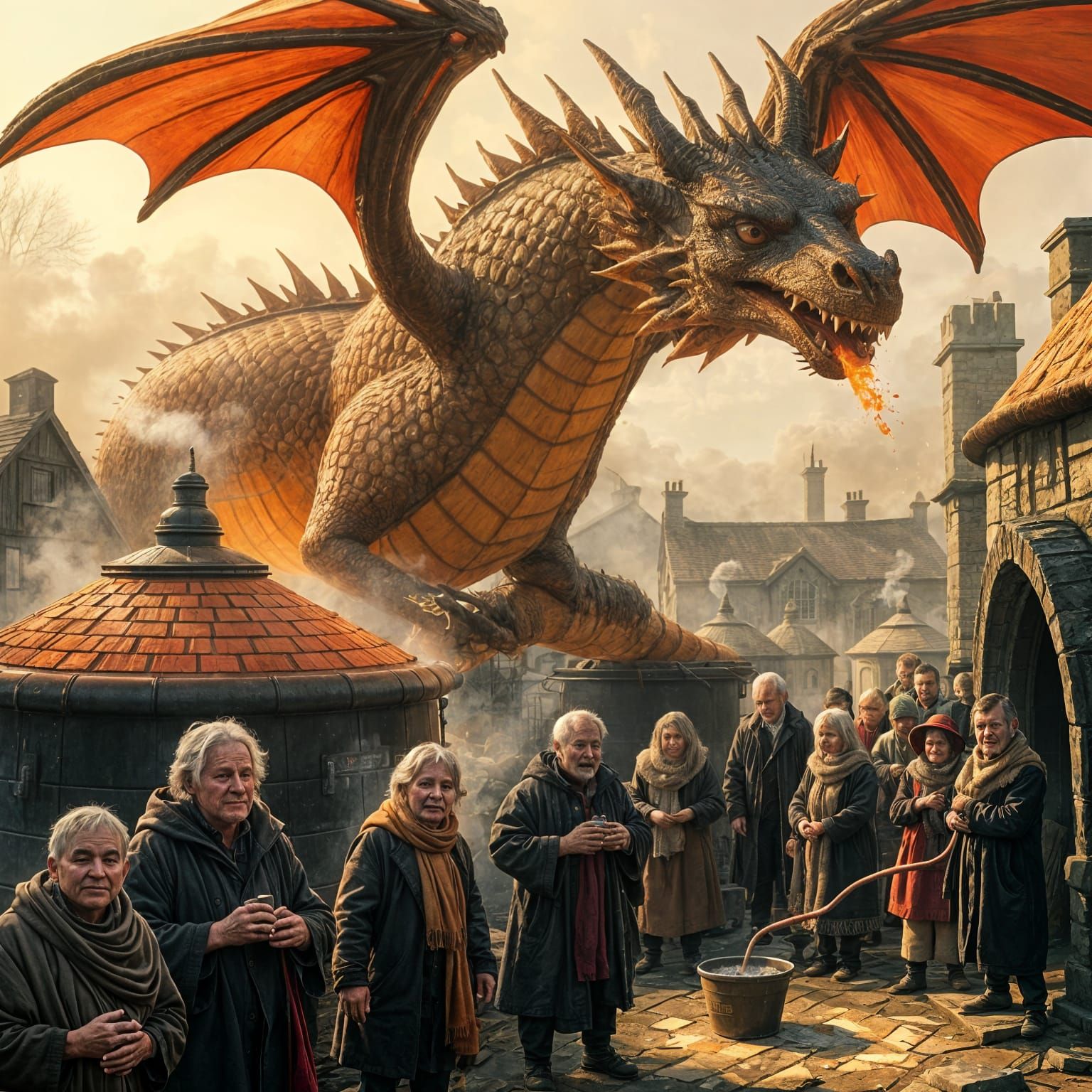 Majestic Dragon Heats Village Water Tanks with Warm Breath