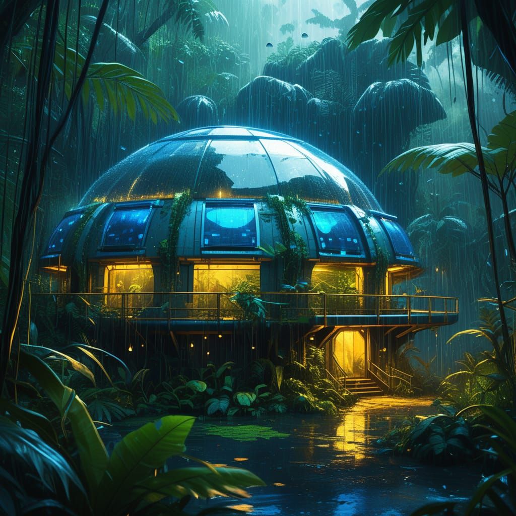 Futuristic Jungle Habitat Glows Warmly Amidst Torrential Rai...