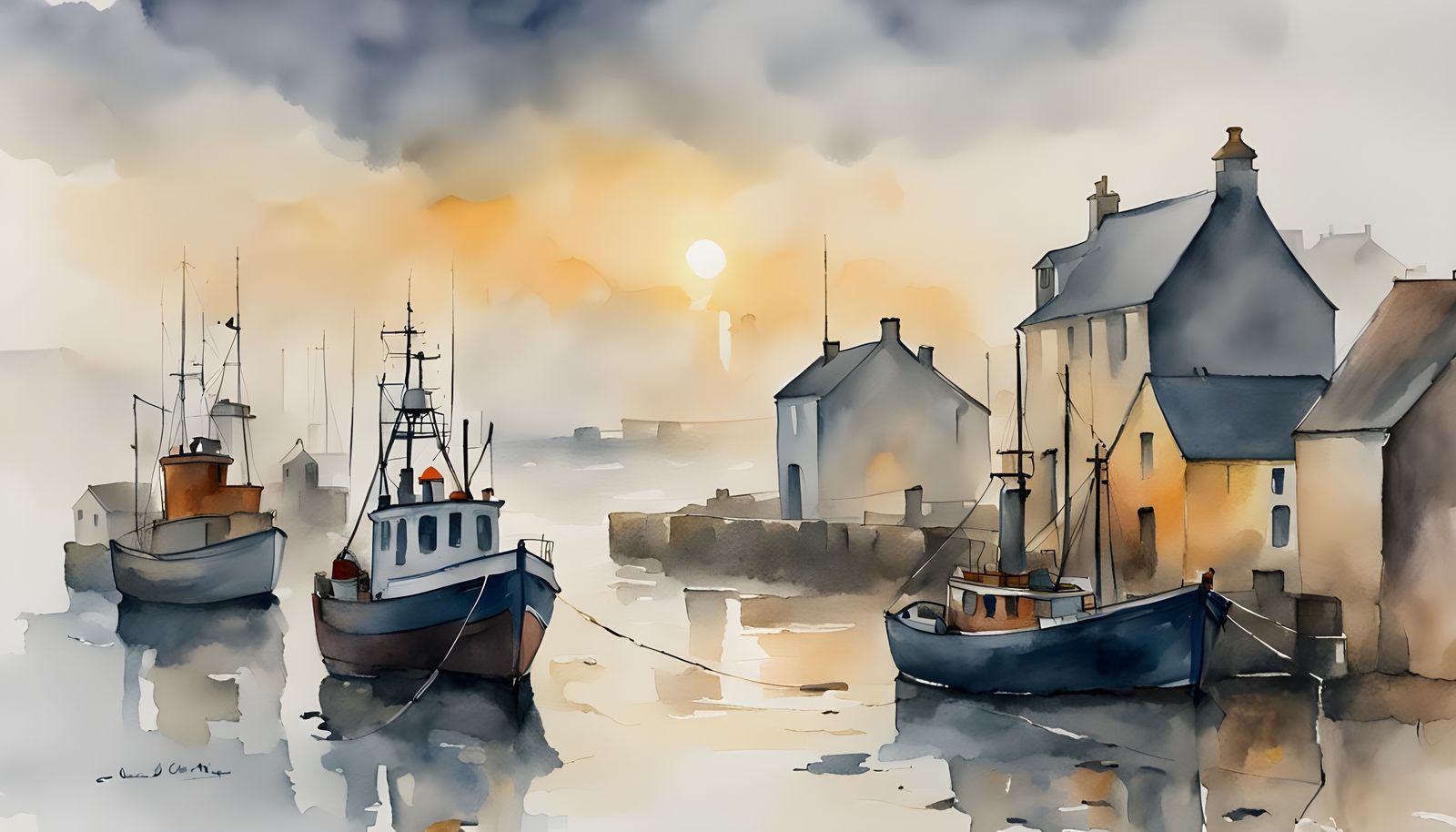 Brittany Fishing Port in Thick Fog, Watercolor Painting
