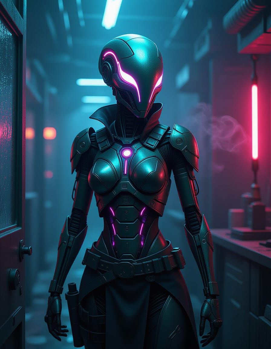 Alien Cyborg in Steampunk Cityscape, Dark Futurism Style