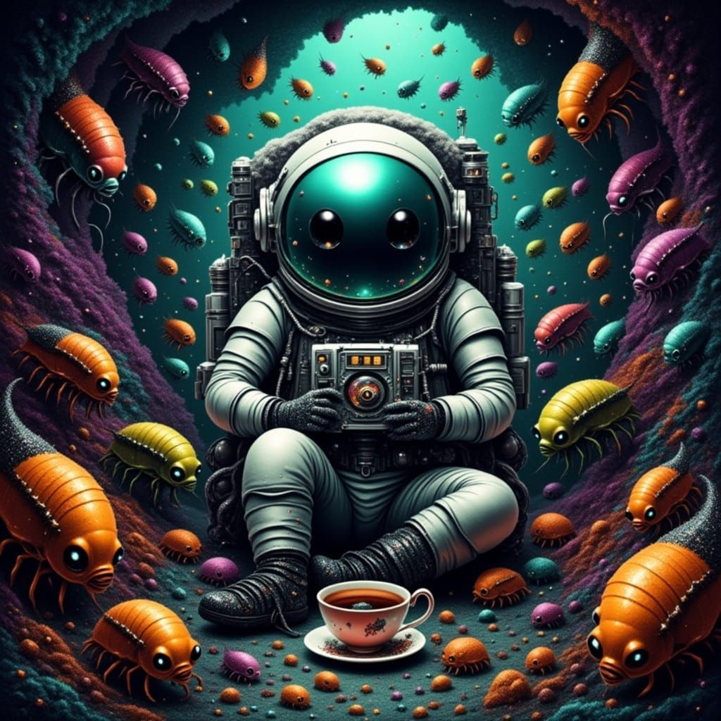 Astronaut with Tea Faces Curious Bug Aliens in Cave