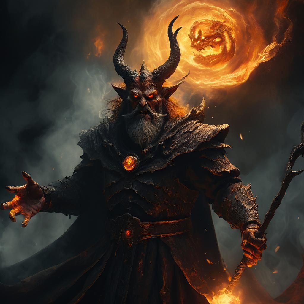 Wizard Confronts Demon in Dark Fantasy Painting