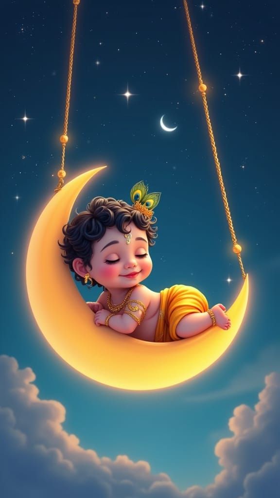 Baby Krishna Sleeping on Crescent Moon: 3D Render