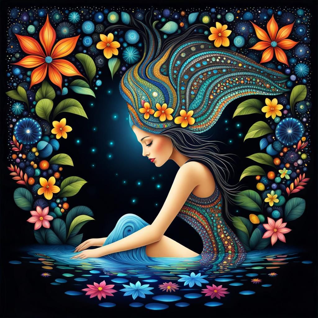 Youthful looking, whimsical, long wavy haired pixie girl, sitting in a puddle of water, with a big upside down leaf on h...