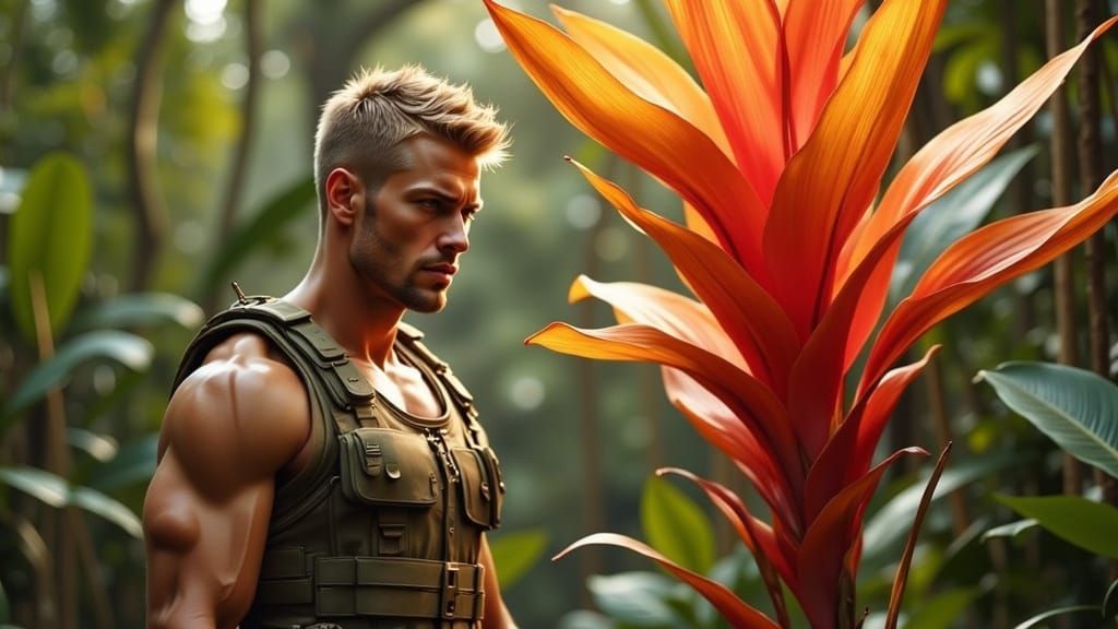 Muscular Soldier Approaches Giant Jungle Flower