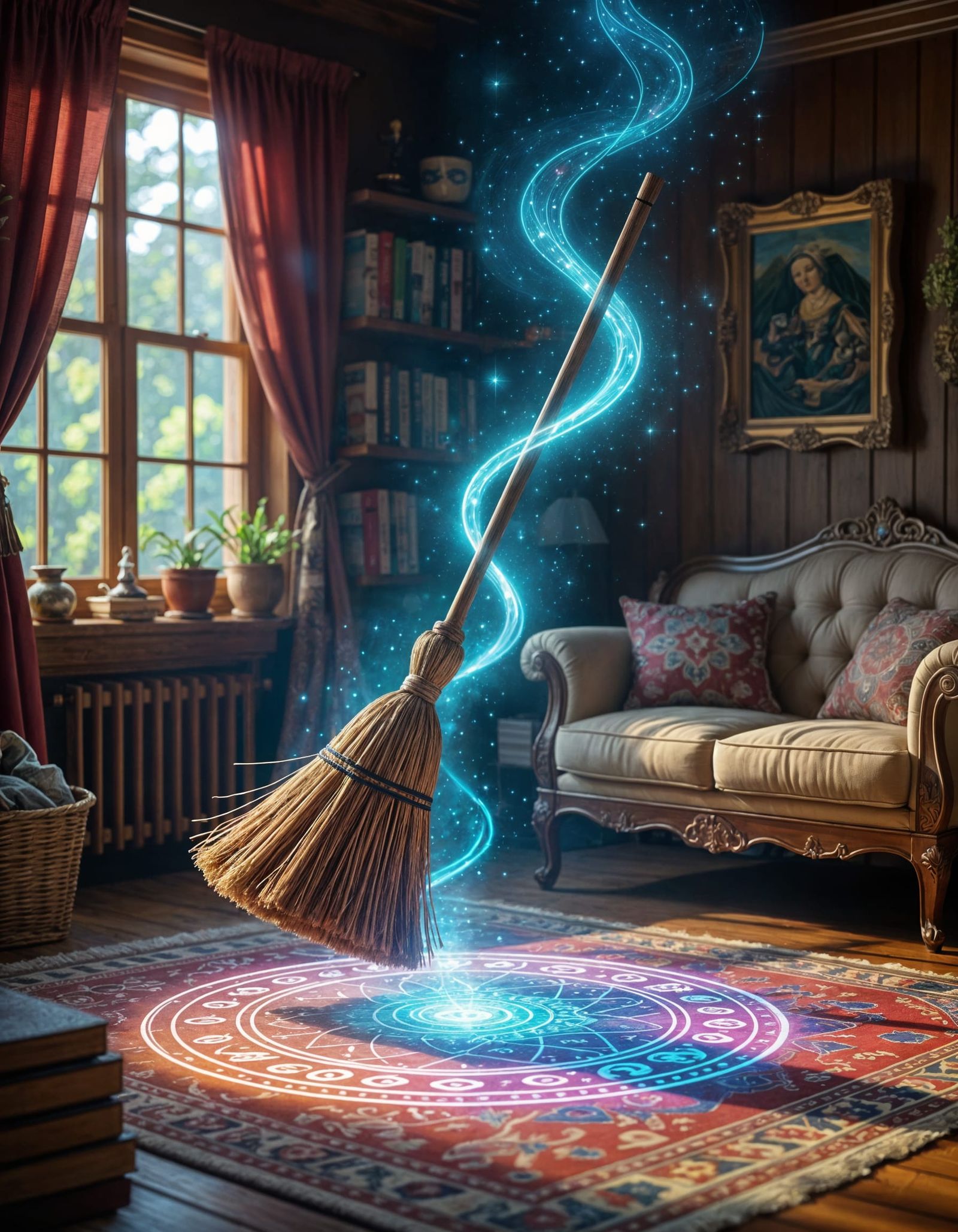 Magical Broom Levitates in Enchanted Living Room