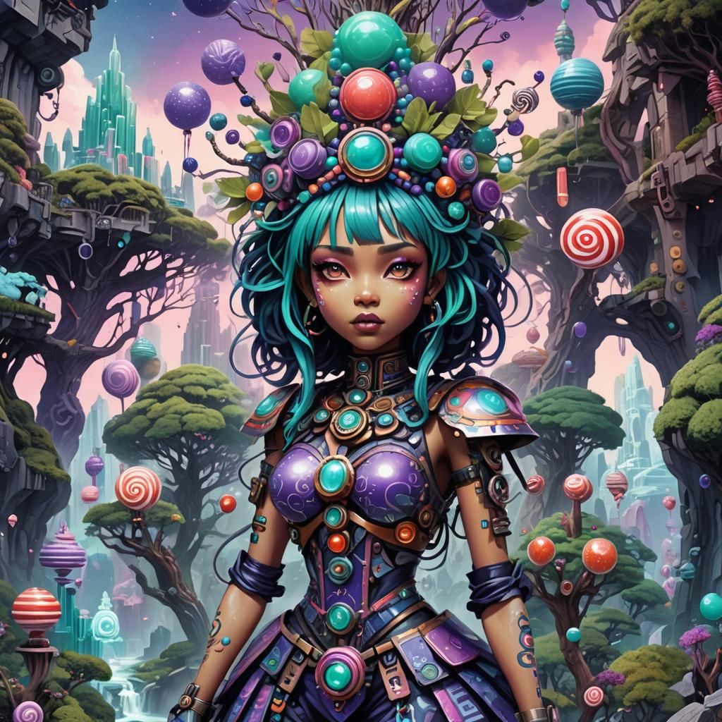 Aztec Robot Girl in Candy Metropolis, Digital Illustration