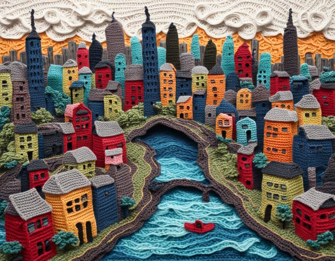 Crochet Yarn Mixed Media Cityscape Art