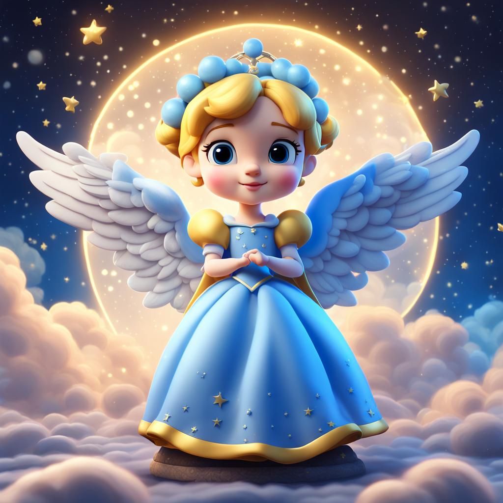 Chibi Cinderella Angel in Night Sky, 3D Digital Art