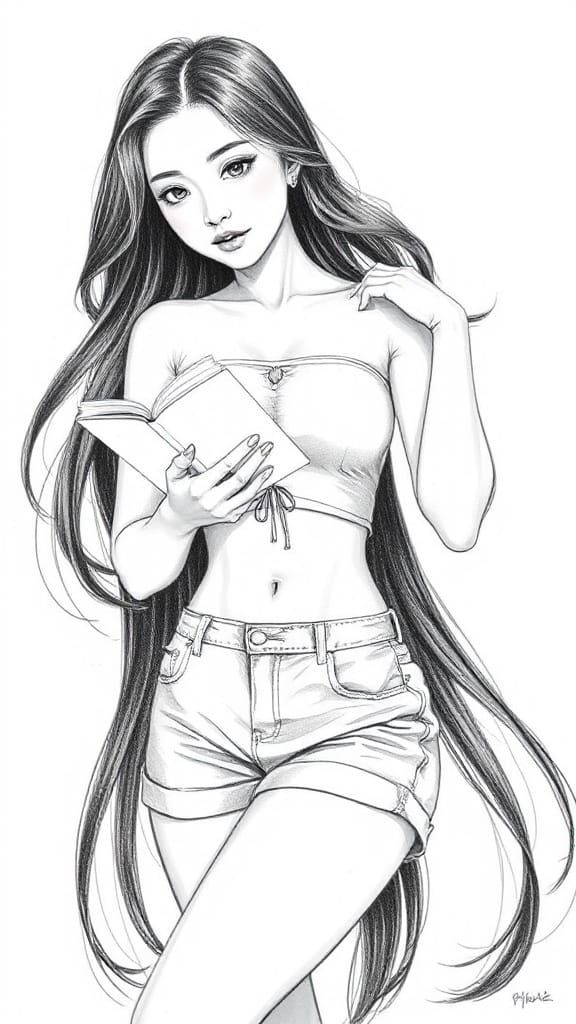 Pencil Sketch of a Beautiful Korean Woman Reading