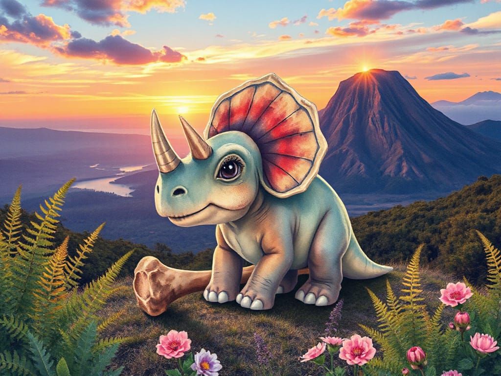 Cute Chibi Triceratops in a Vibrant Prehistoric Sunset