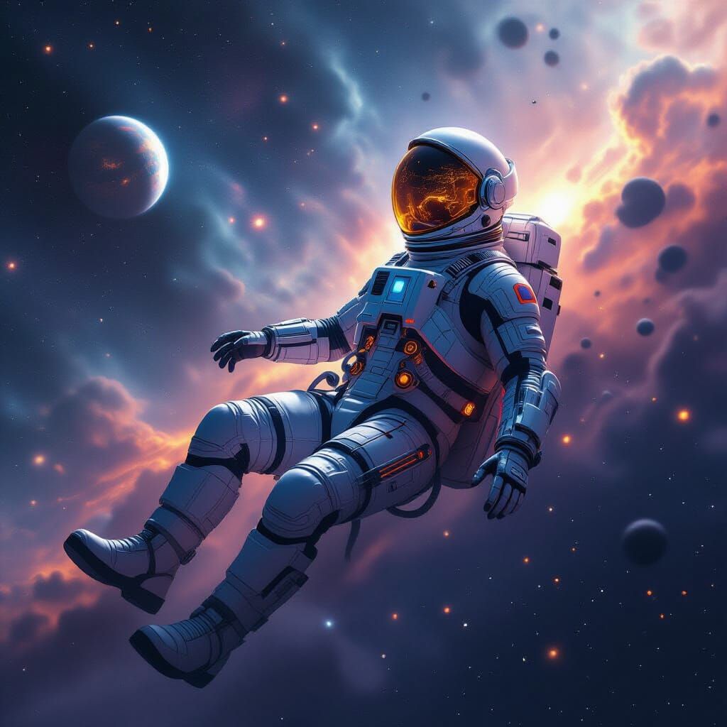 Astronaut Drifting in Star-Dusted Nebula: Futuristic Art
