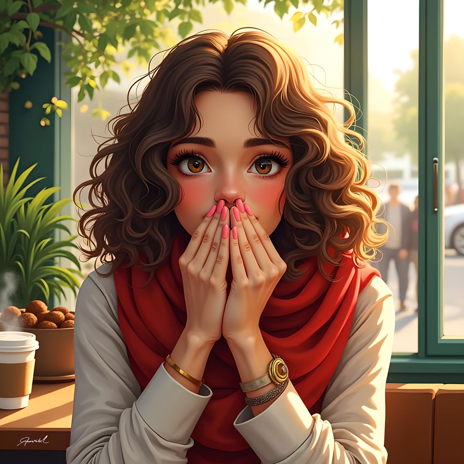 Woman Sneezing at Starbucks