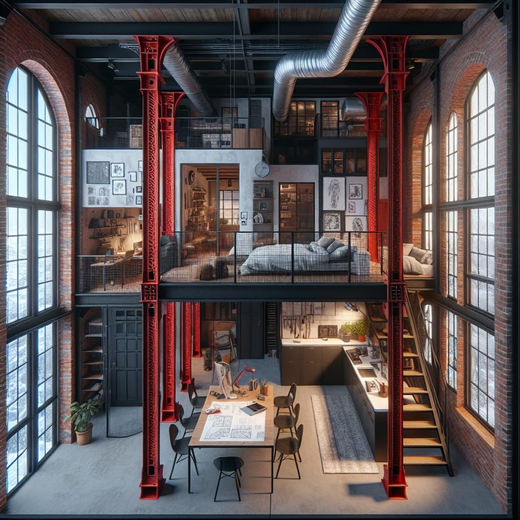 Industrial Loft Interior Design in Detailed Matte Painting S...
