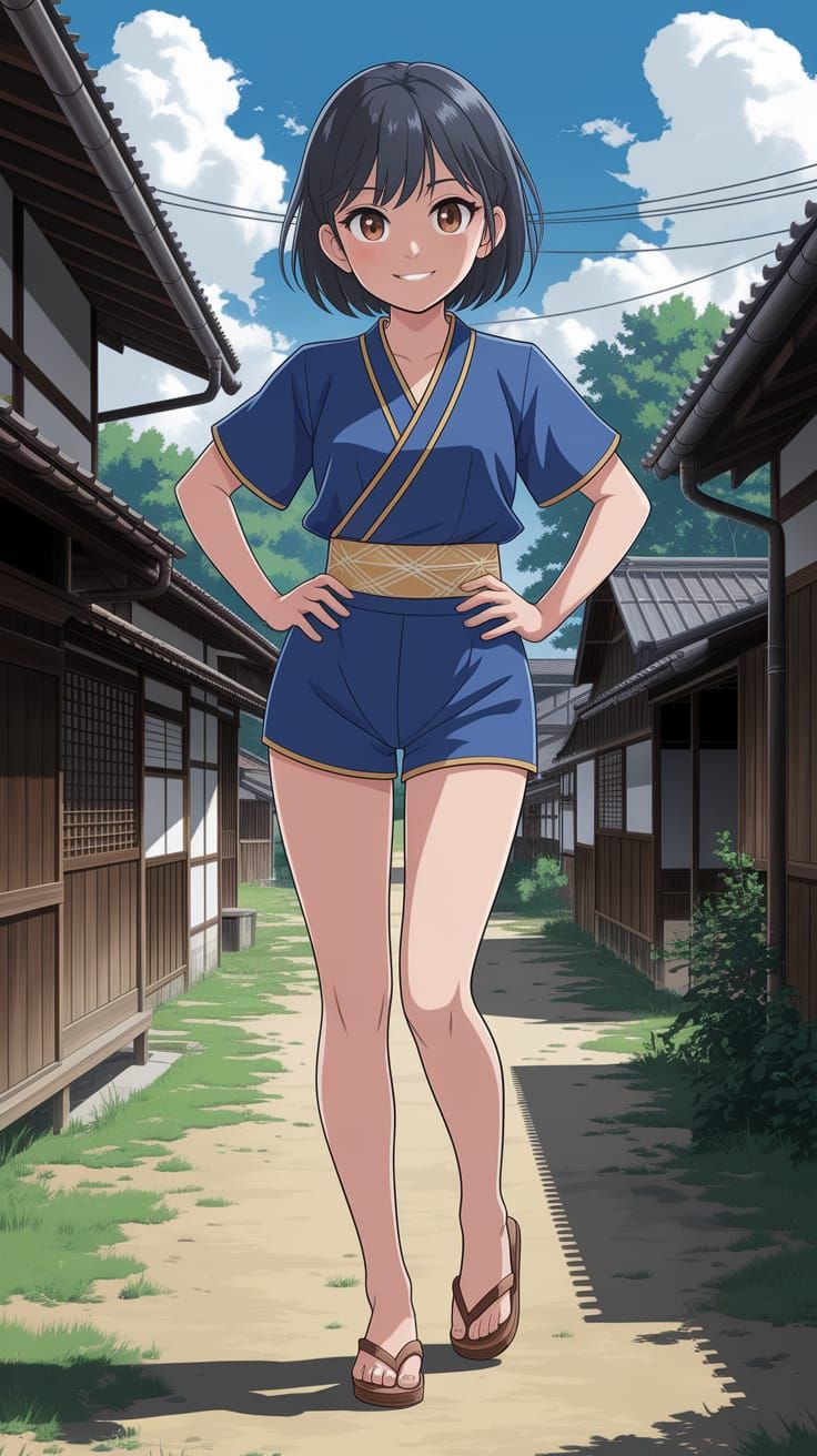 Confident Tomboy in Jinbei Outfit, Anime Style