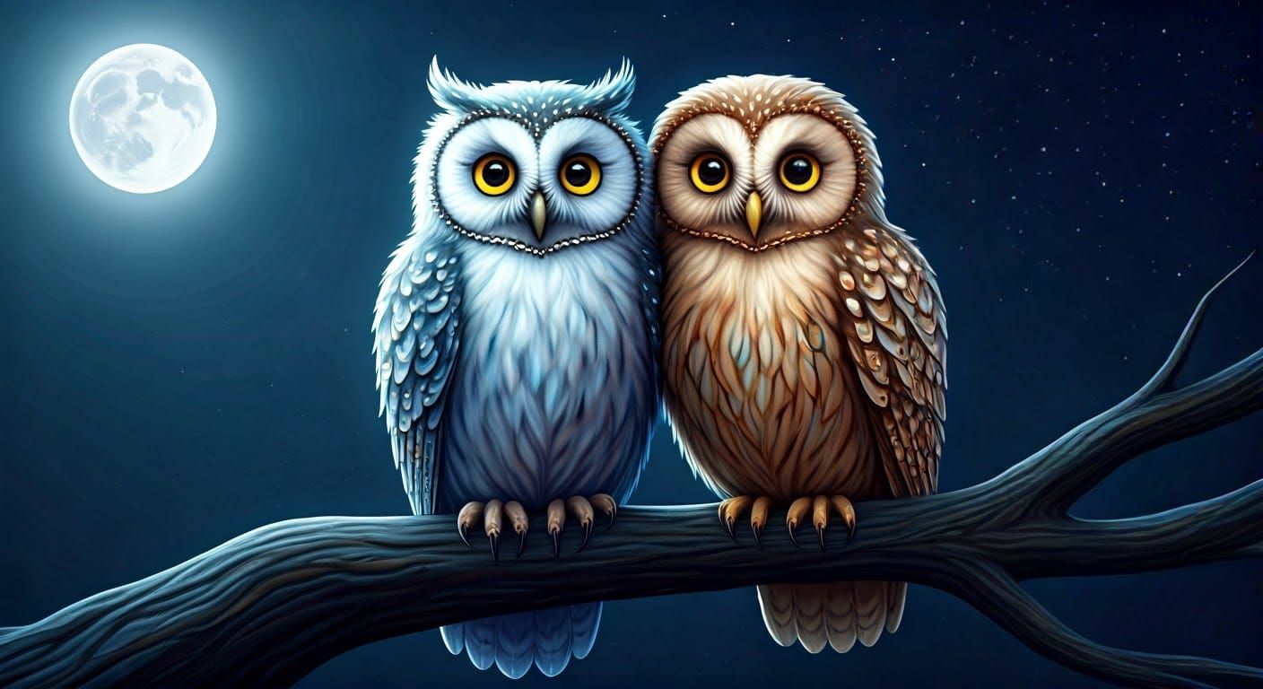 Whimsical Owls in Starry Night Sky, Depicted in Dreamlike St...