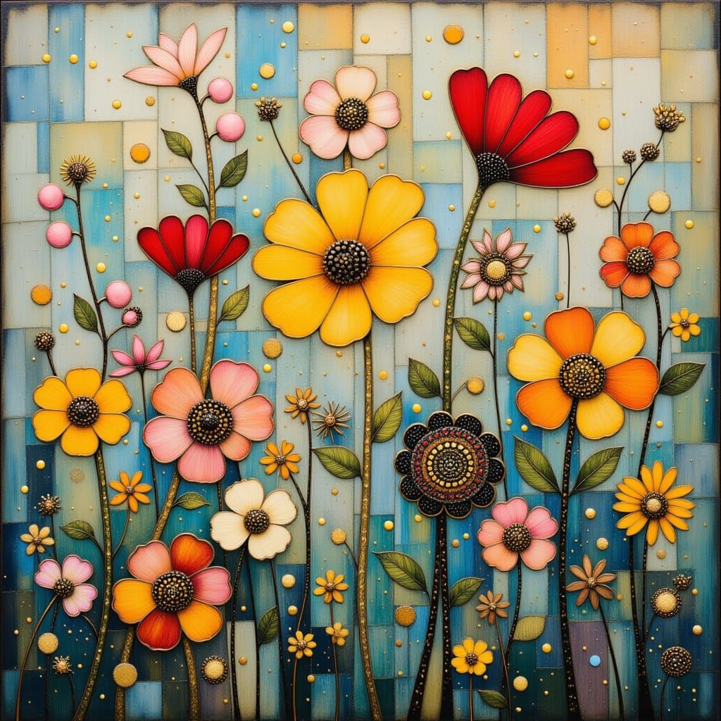 Vibrant Folk Art Wildflowers in Whimsical Shadows