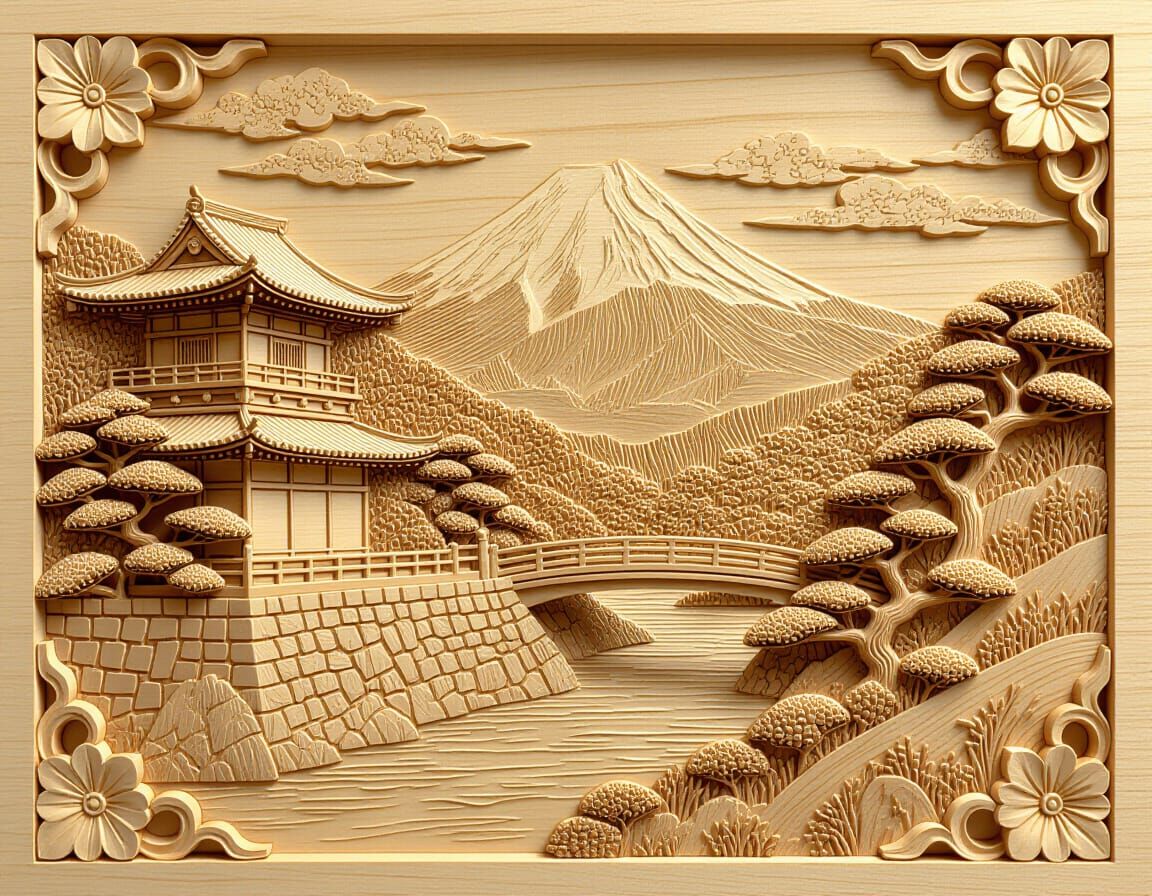Japanese Landscape Wood Carving in Wood Engraving Style