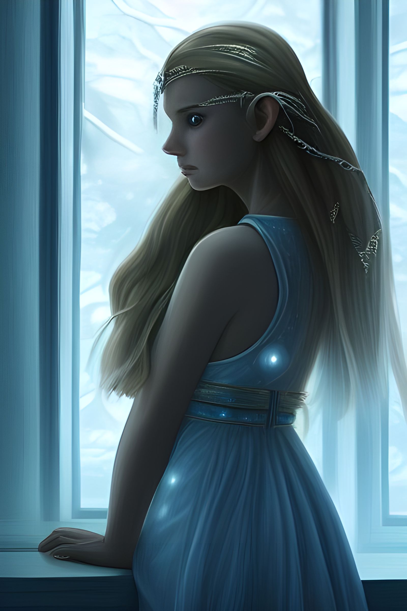 Elven Princess Gazing at Technological Kingdom