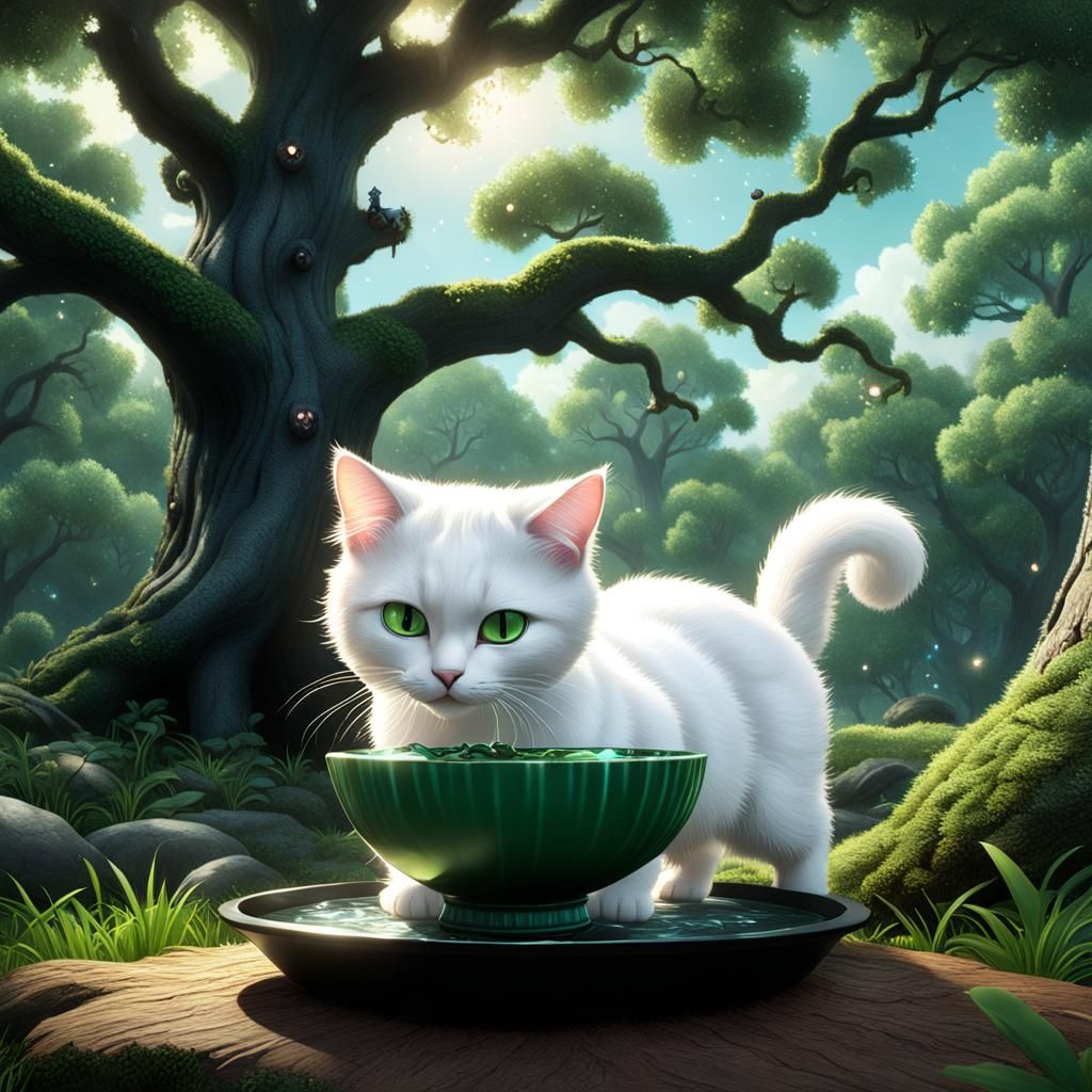 White Cat Drinks Water: Hyperrealistic 3D Digital Art