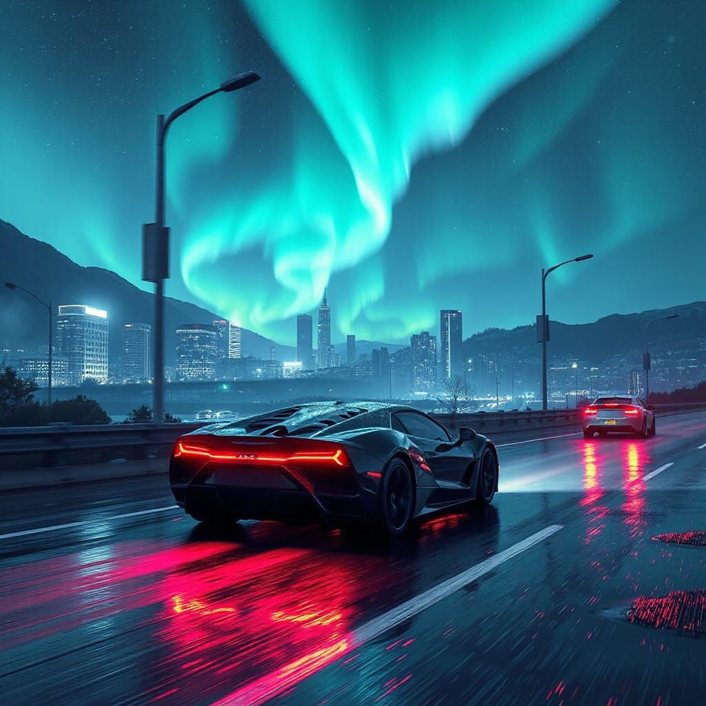 A super car driving on a highway at night.