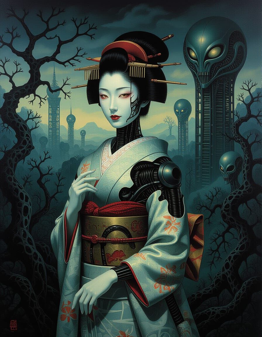 Biomechanical Japanese Woman in Giger-Inspired Art