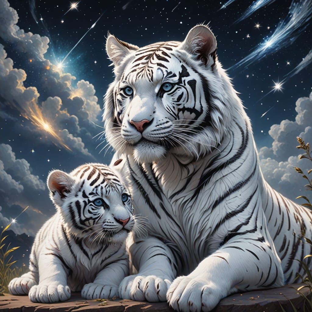 Mother and Baby Tiger Gaze at Starry Night Sky in Vibrant Oi...