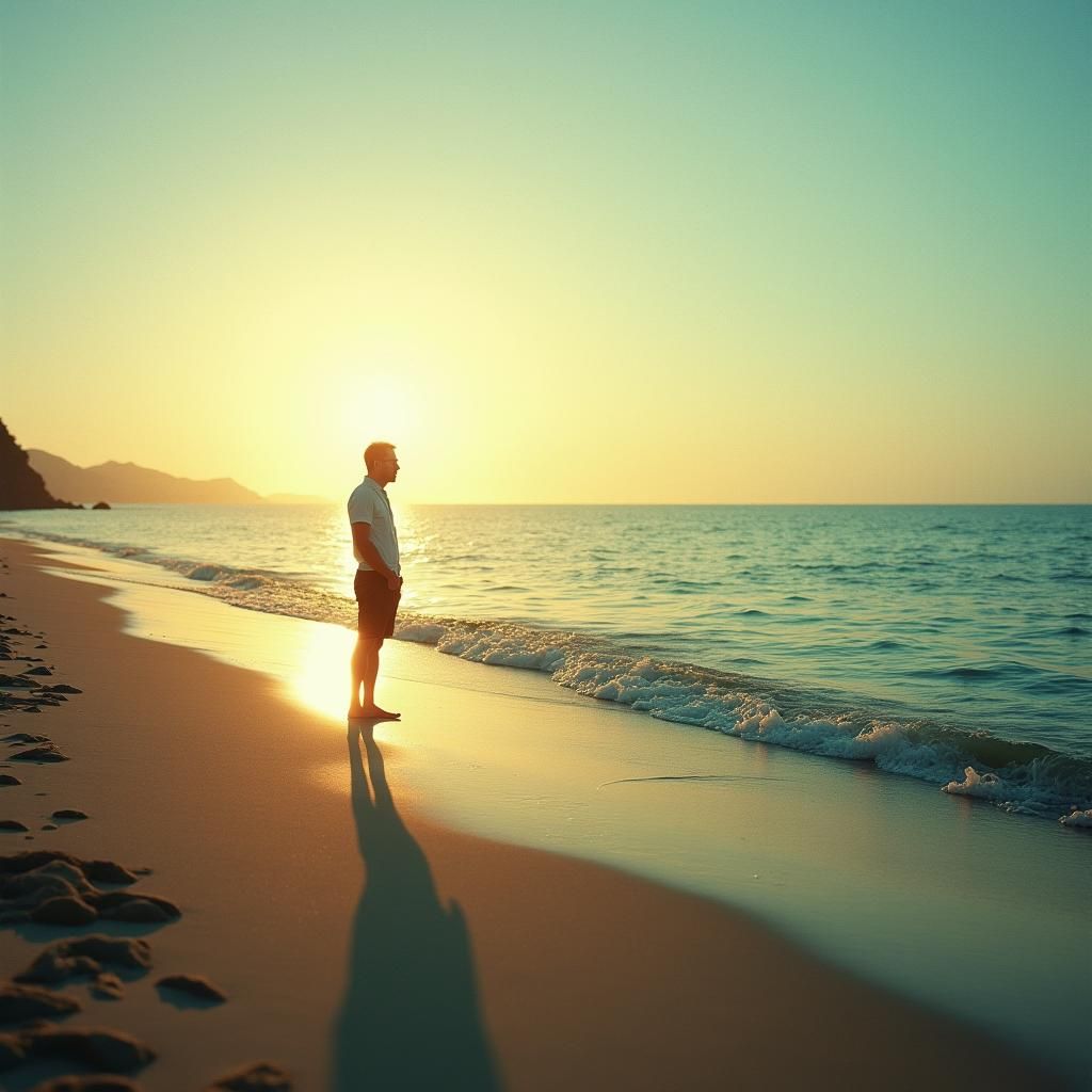 Serene Beach at Dusk: Cinematic Film Still