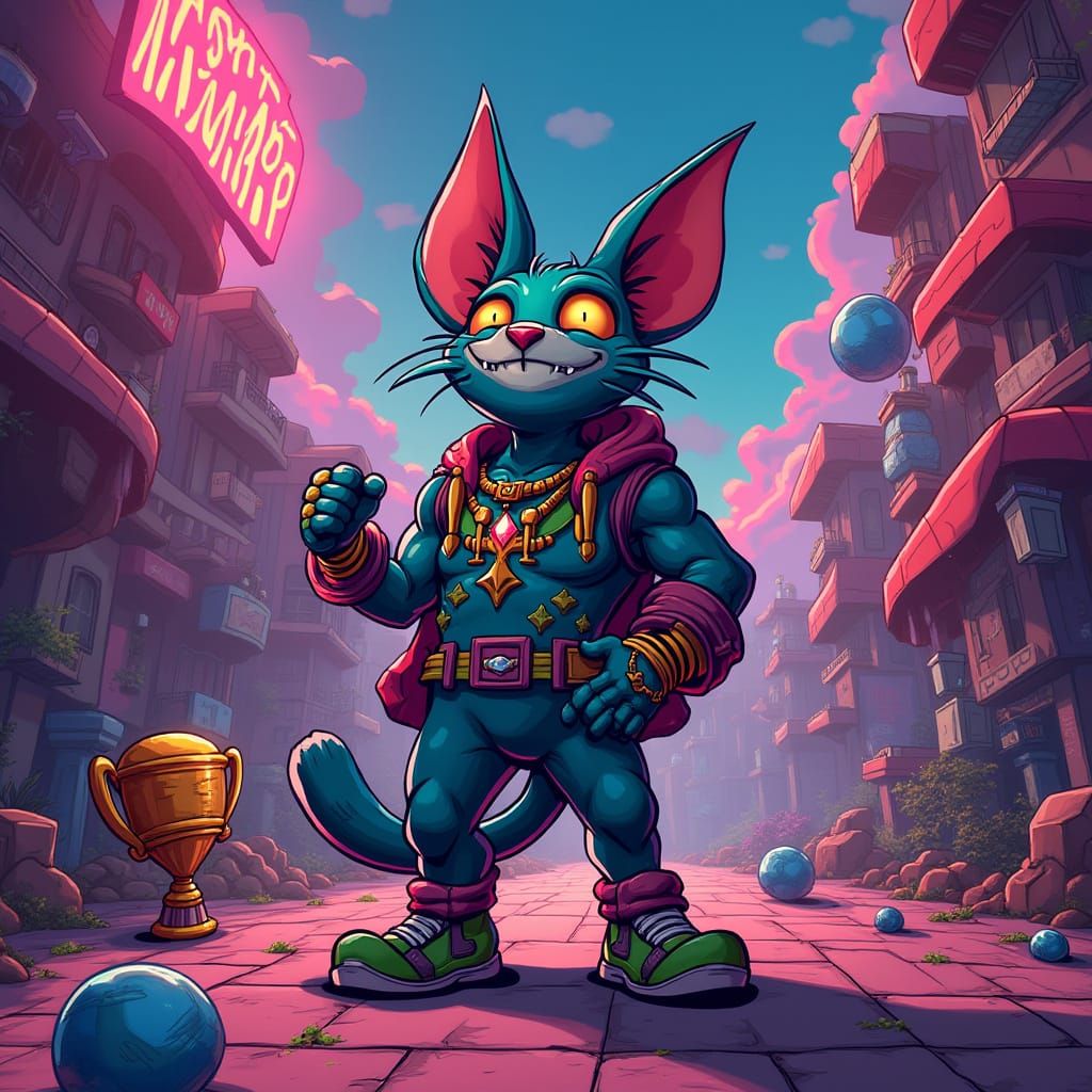 Victorious Anthropomorphic Cat in Digital Painting Style