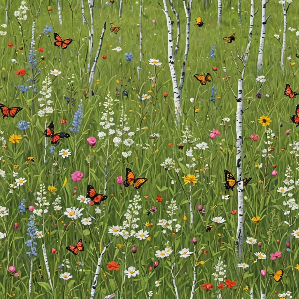 Spring Meadow with Flowers and Pollinators