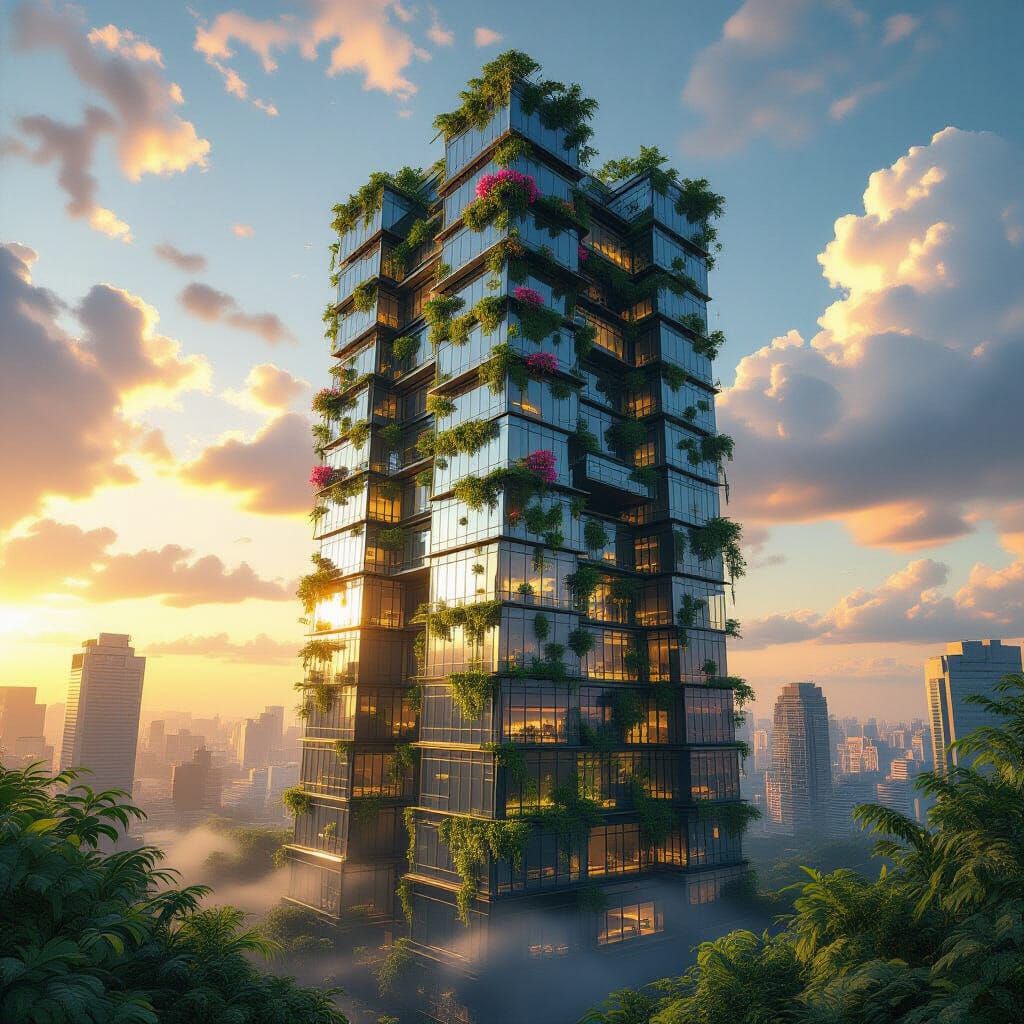 Abandoned Skyscraper Reclaimed by Jungle in Golden Sunset Li...