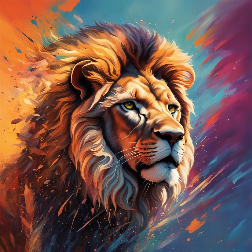 African Lion Hunts Gazelle in Hyperrealistic Splash Art