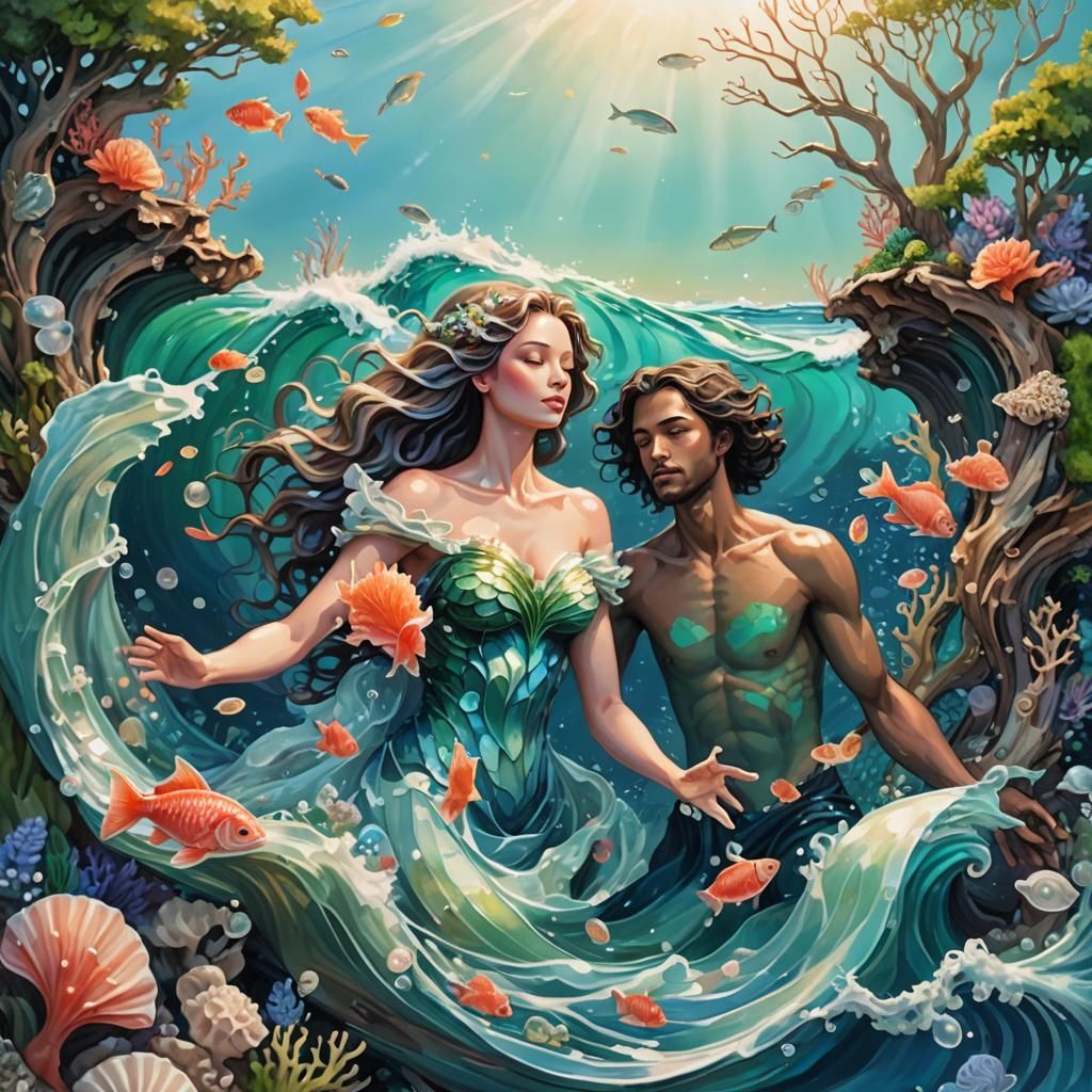 Wave Lovers in Fantasy Ocean Scene, Digital Art