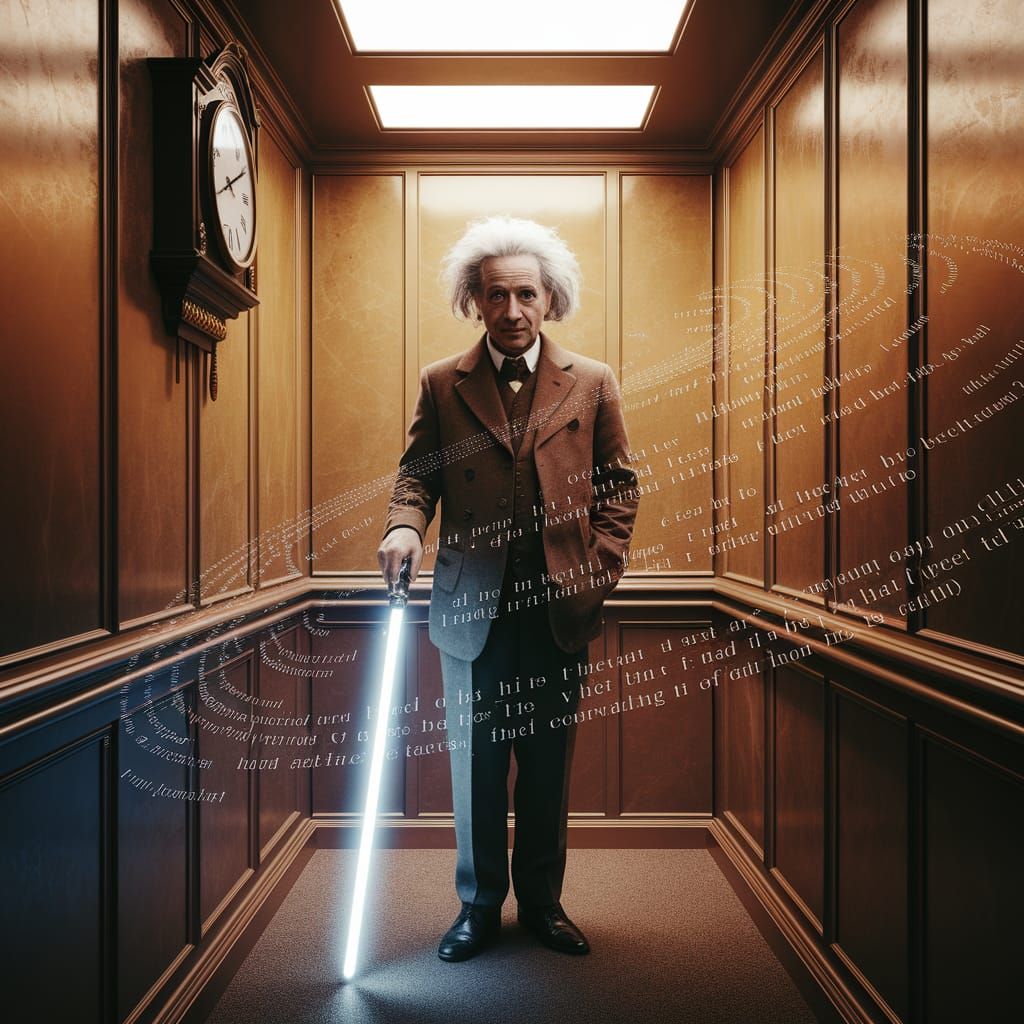Elegant Einstein in Whimsical Elevator Scene, Blending Scien...