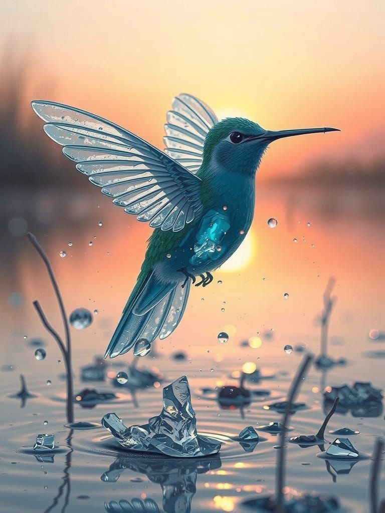 light blue hyper detailed water hummingbird made of ice, swa...