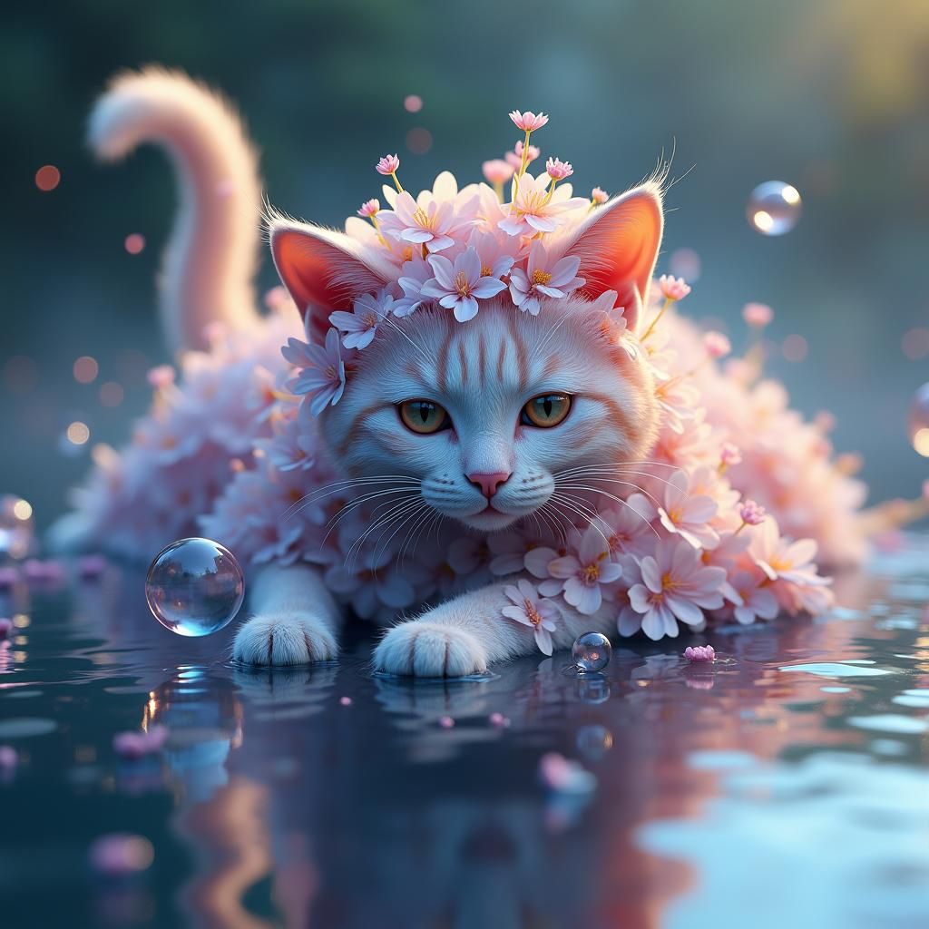 Floral Cat Surrounded by Bubbles in Dreamlike Style
