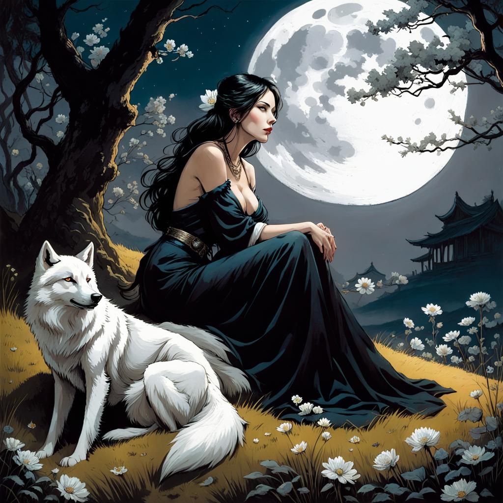 Woman with Wolf Gazing at Moon, Splash Art