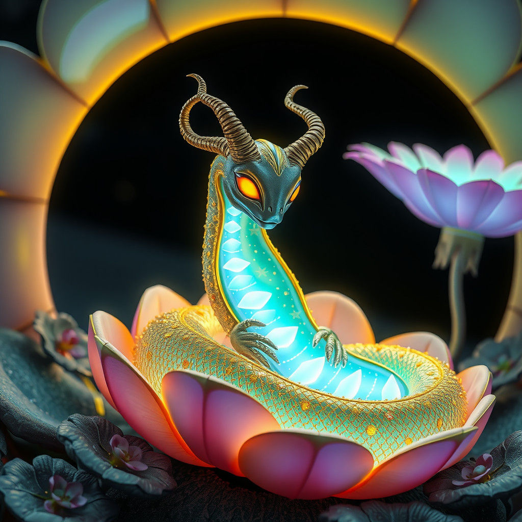 Alien Serpent Resting in Luminescent Flower