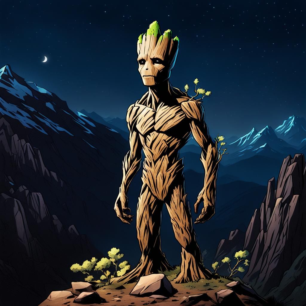 Groot at Night in Mountain Landscape
